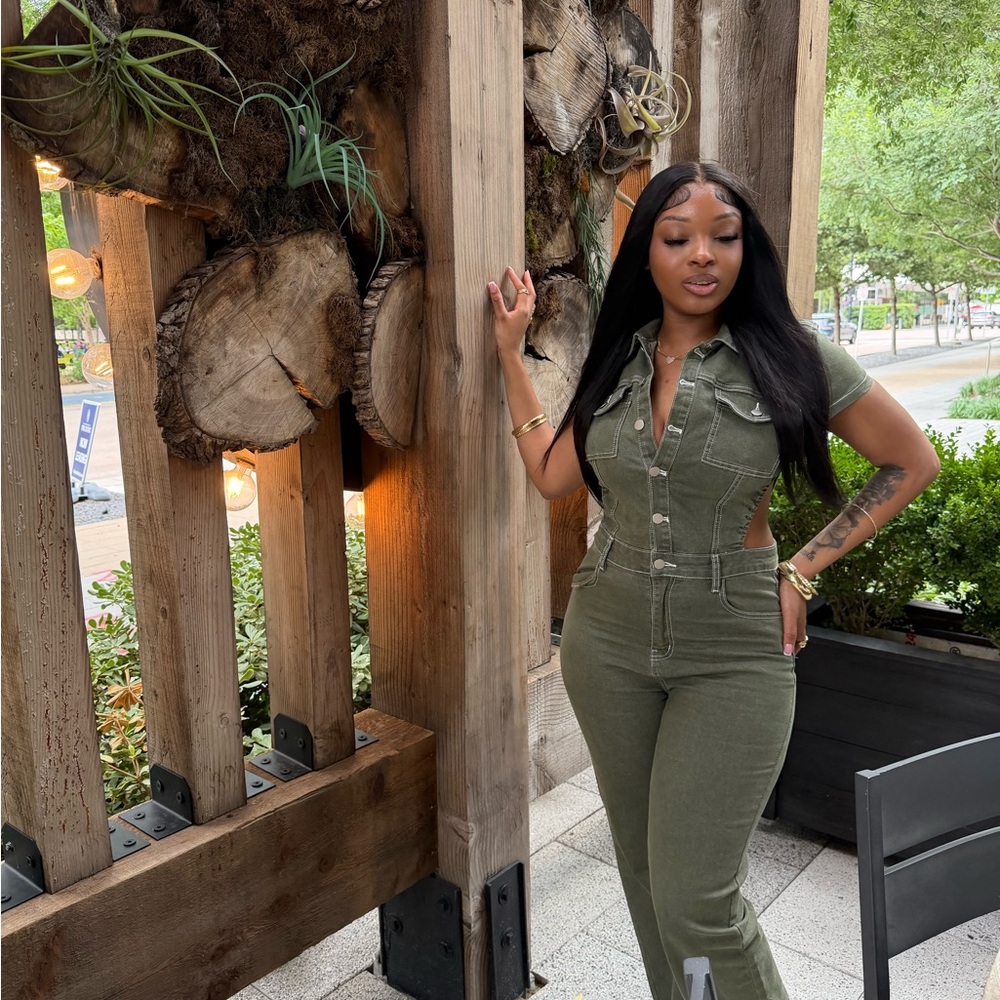 Fashion Nova Olive Green Short-Sleeve Utility Jumpsuit - Picture 2 of 4